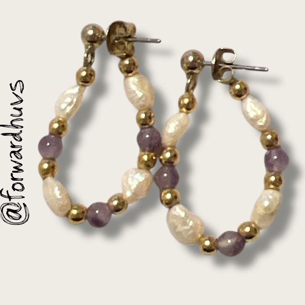 Cultured Pearl & Amethyst Beaded Hoop Earrings – Thread-Through Style